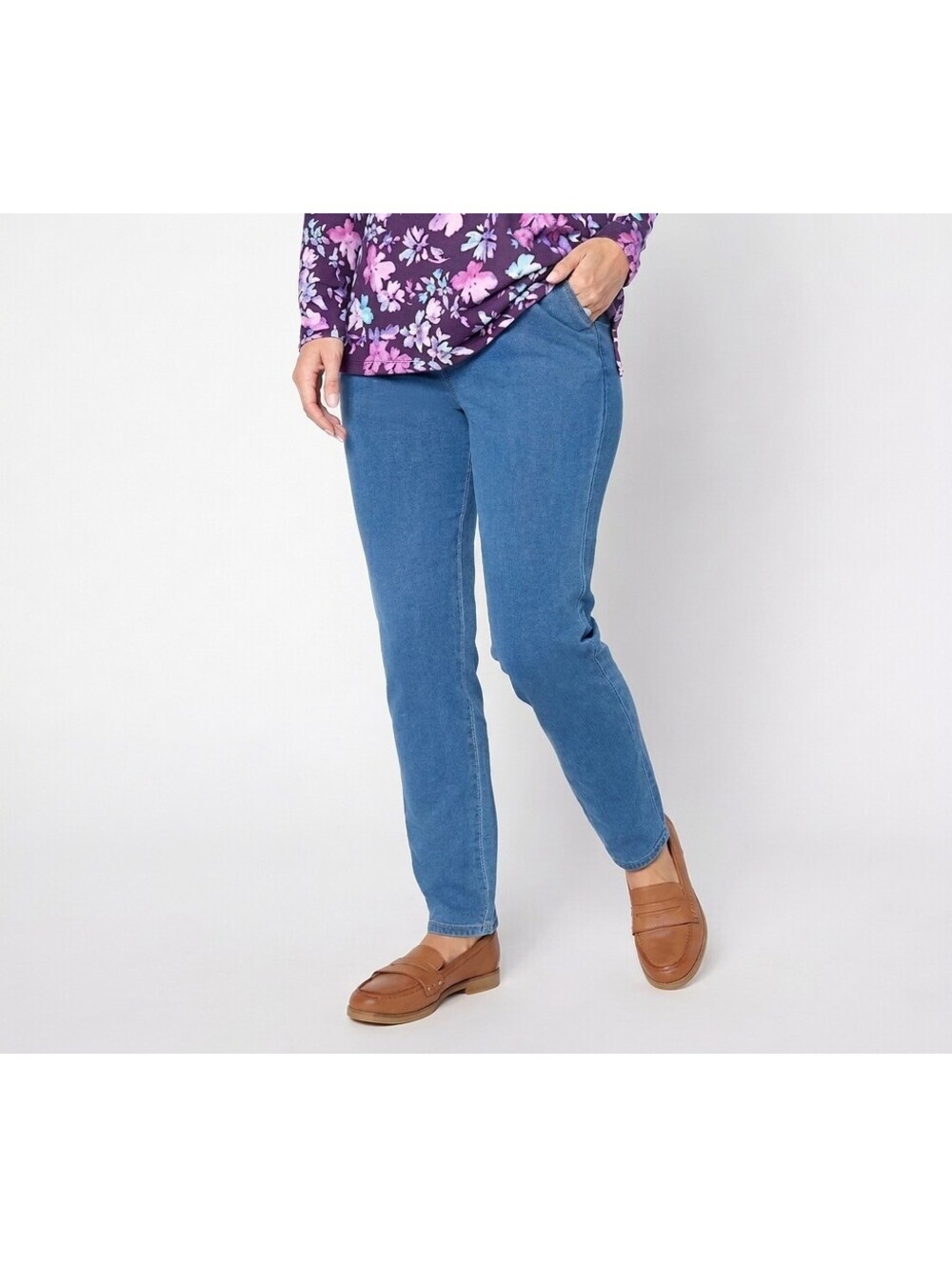 Denim & Co. Indigo Knit Slim Leg Pull-On Ankle Pants Medium Wash, Petite Small